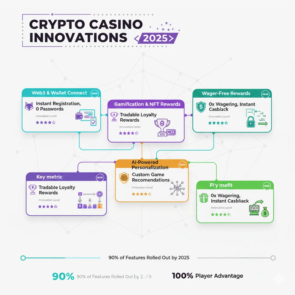 2026 crypto casino innovation features: Web3 Wallet Connect instant registration, NFT rewards gamification, AI personalization, Monero Zcash privacy coins, wager-free cashback 5-star ratings blockchain technology