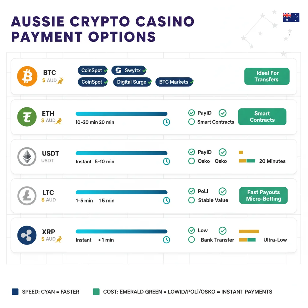 Australian crypto payment methods: CoinSpot Swyftx Digital Surge BTC Markets exchanges with PayID POLi Osko instant AUD deposits Bitcoin Ethereum Tether Litecoin Ripple pokies
