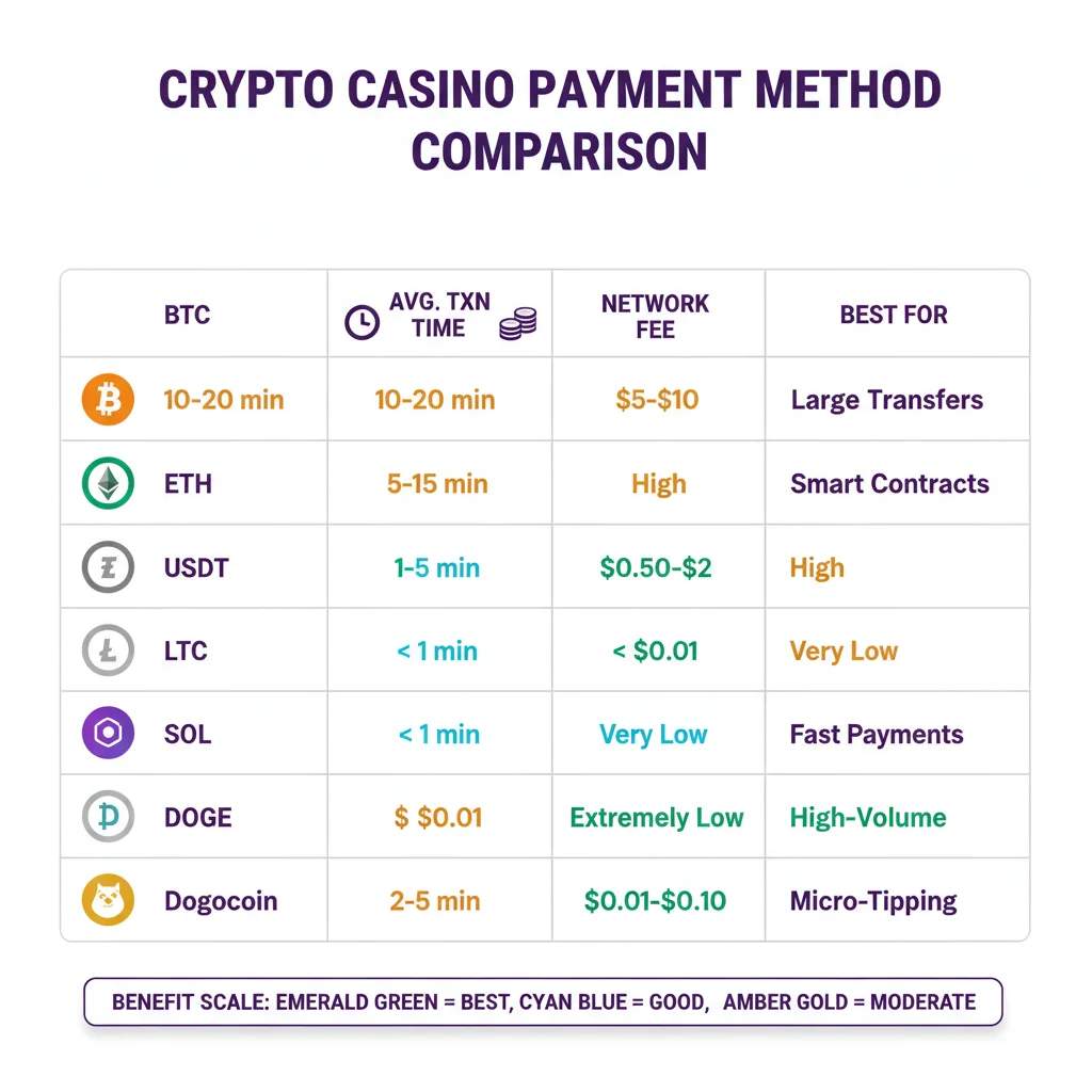 Cryptocurrency payment comparison chart: Bitcoin 10-20 min $1-10 fee high volatility, Ethereum 5-15 min, USDT TRC-20 under 1 min low fee stable, Litecoin 5 min cheap, Solana instant