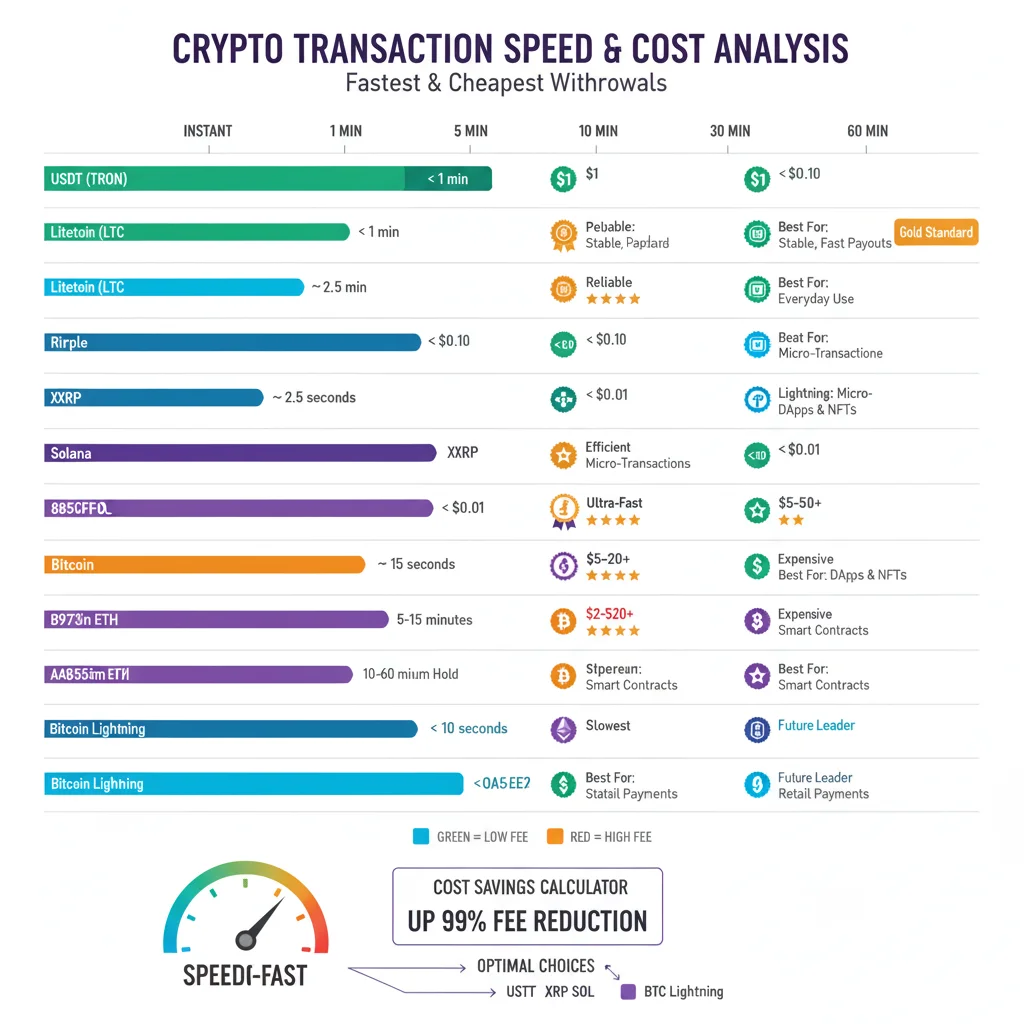 Fastest cryptocurrency withdrawal comparison: USDT Tron under 1 minute $1 fee gold standard, Litecoin 2.5 min cheap, Solana 2.5 sec instant, XRP 3-5 sec, Bitcoin Lightning instant versus BTC 10-60 min slow expensive