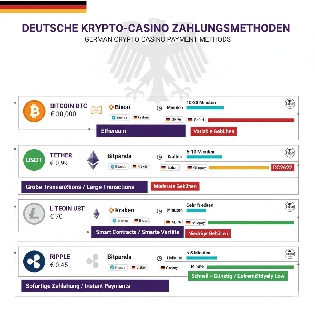 German cryptocurrency exchanges comparison: Bison Bitpanda Kraken with SEPA Sofort Giropay payment methods EUR Bitcoin Ethereum Tether Litecoin Ripple transaction speeds BaFin regulated