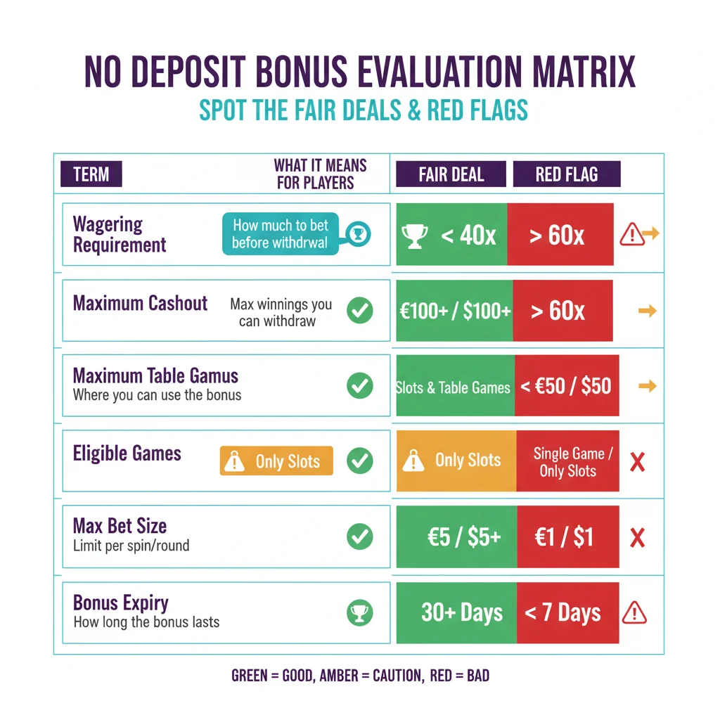 No deposit bonus evaluation guide: Fair deal 40x wagering $100 cashout 7 days expiry green zone versus red flag 60x high requirement $50 low limit 24h expiry predatory terms