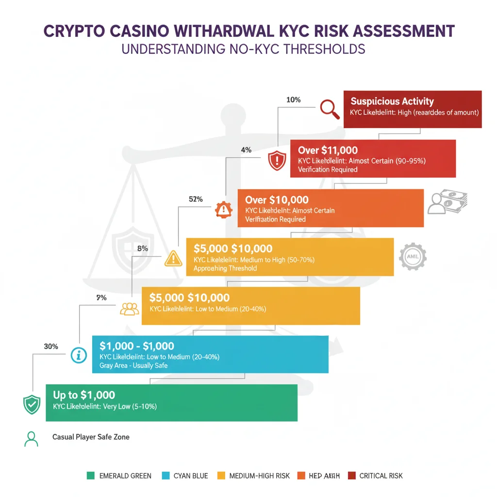 No KYC withdrawal thresholds risk pyramid: Under $1000 very low 5% KYC risk green safe zone, $1000-5000 medium 40% risk, over $10000 95% almost certain verification required AML compliance