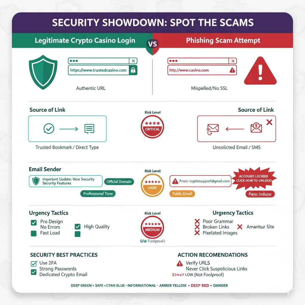 Phishing scam versus legitimate casino login comparison: HTTPS padlock green secure versus HTTP misspelled URL red danger, official email domain versus Gmail phishing, professional tone versus urgency panic 5-tier security risk assessment