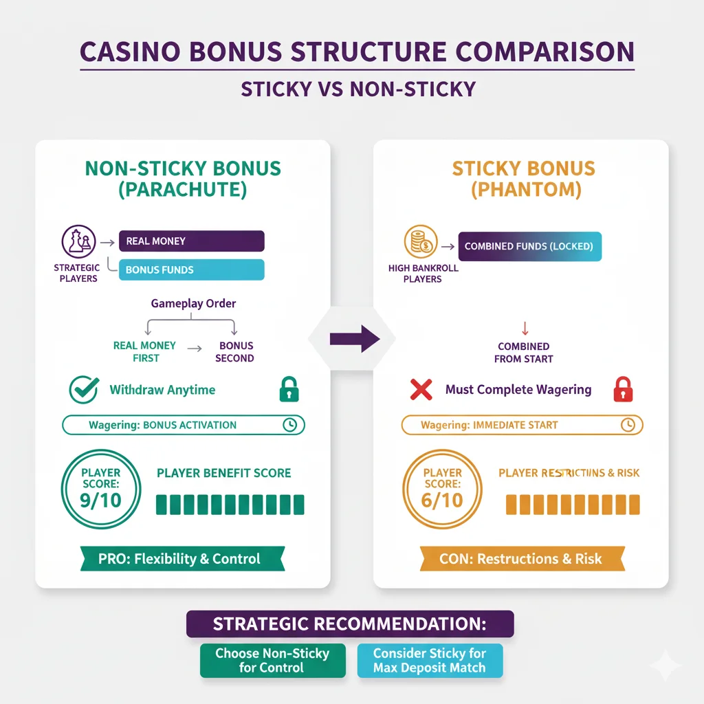Casino bonus types comparison: Non-sticky parachute bonus separate funds withdraw anytime 9 out 10 rating versus sticky phantom bonus locked funds must complete wagering 6 out 10
