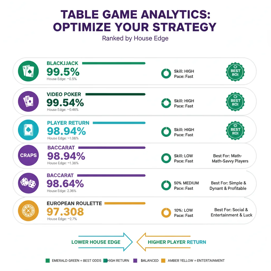 Casino table games house edge analytics: Blackjack 0.5% lowest edge high skill, Video Poker 0.46% best RTP, Baccarat 1.06% banker bet, Roulette 2.7% European optimal strategy comparison