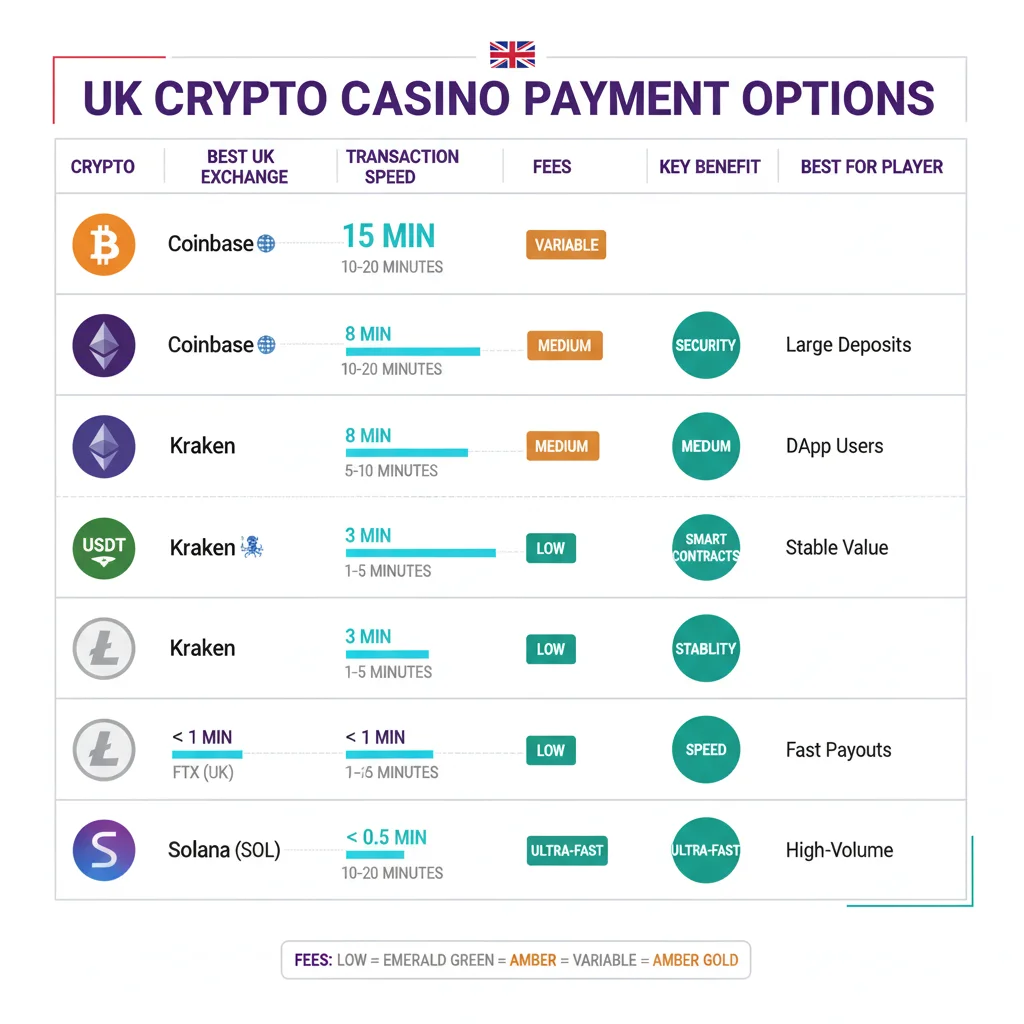 UK cryptocurrency exchanges comparison: Coinbase Kraken for Bitcoin Ethereum Tether Litecoin Solana with transaction speeds 1-20 minutes fees security ratings best for British players